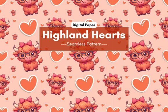Adorable Kawaii Farmhouse Style with Highland Cow Glasses Digital Paper