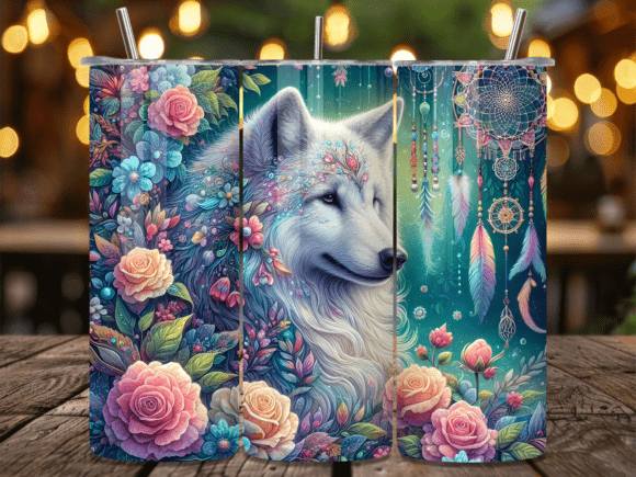 White Wolf Dreamcatcher Floral Tumbler: The Perfect Blend of Nature and Mysticism